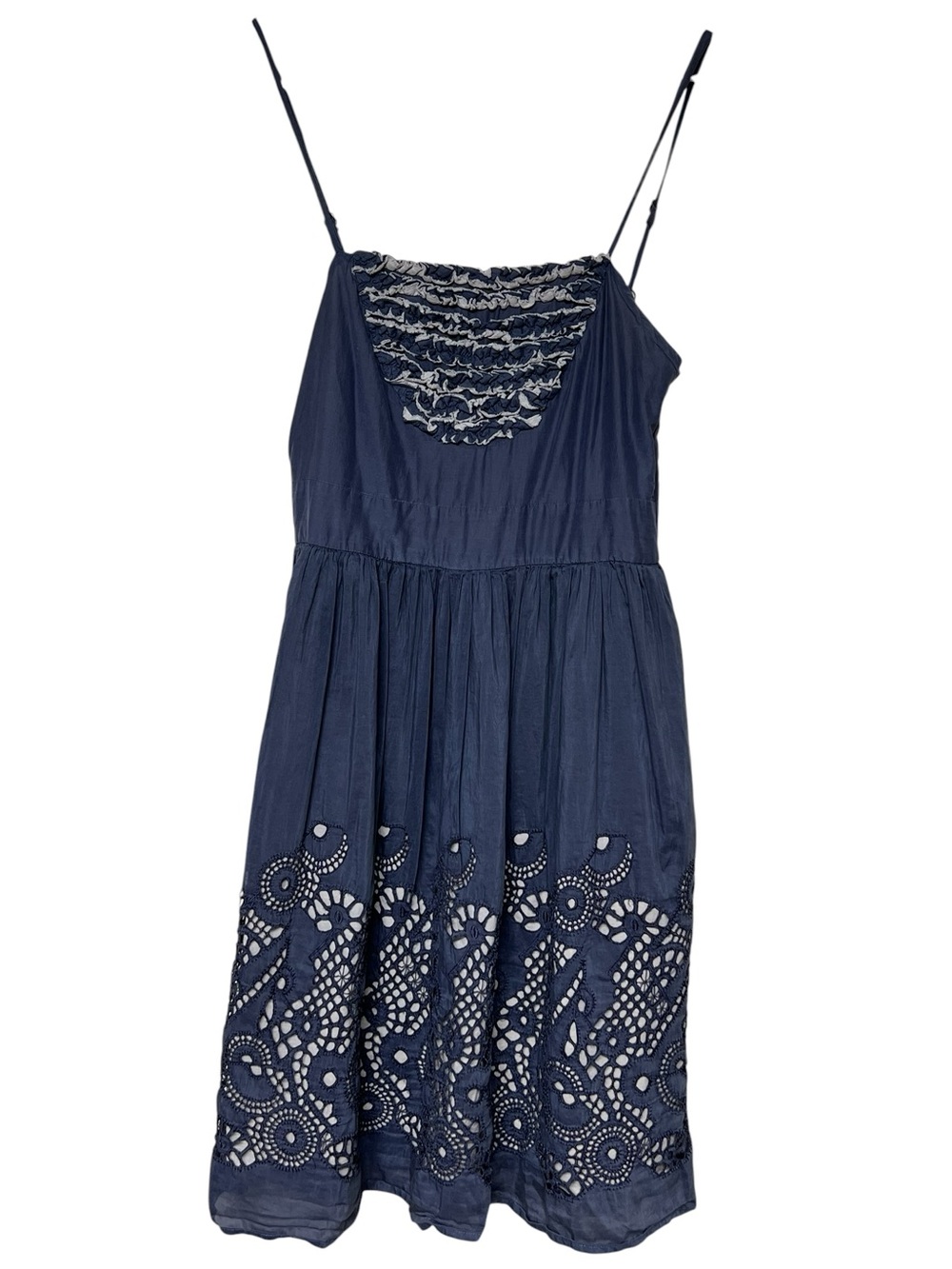 Anthropologie Burlapp blue gray silk cotton blend ruffle front eyelet hem dress